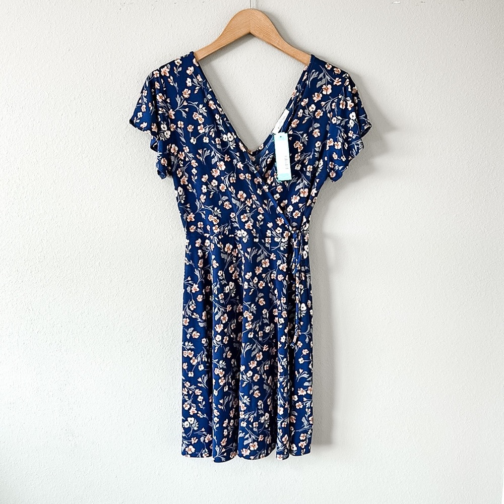 NWT Kaileigh Navy Blue Kaela Faux Wrap Knit Mini Dress Flowy/Ruffles Small